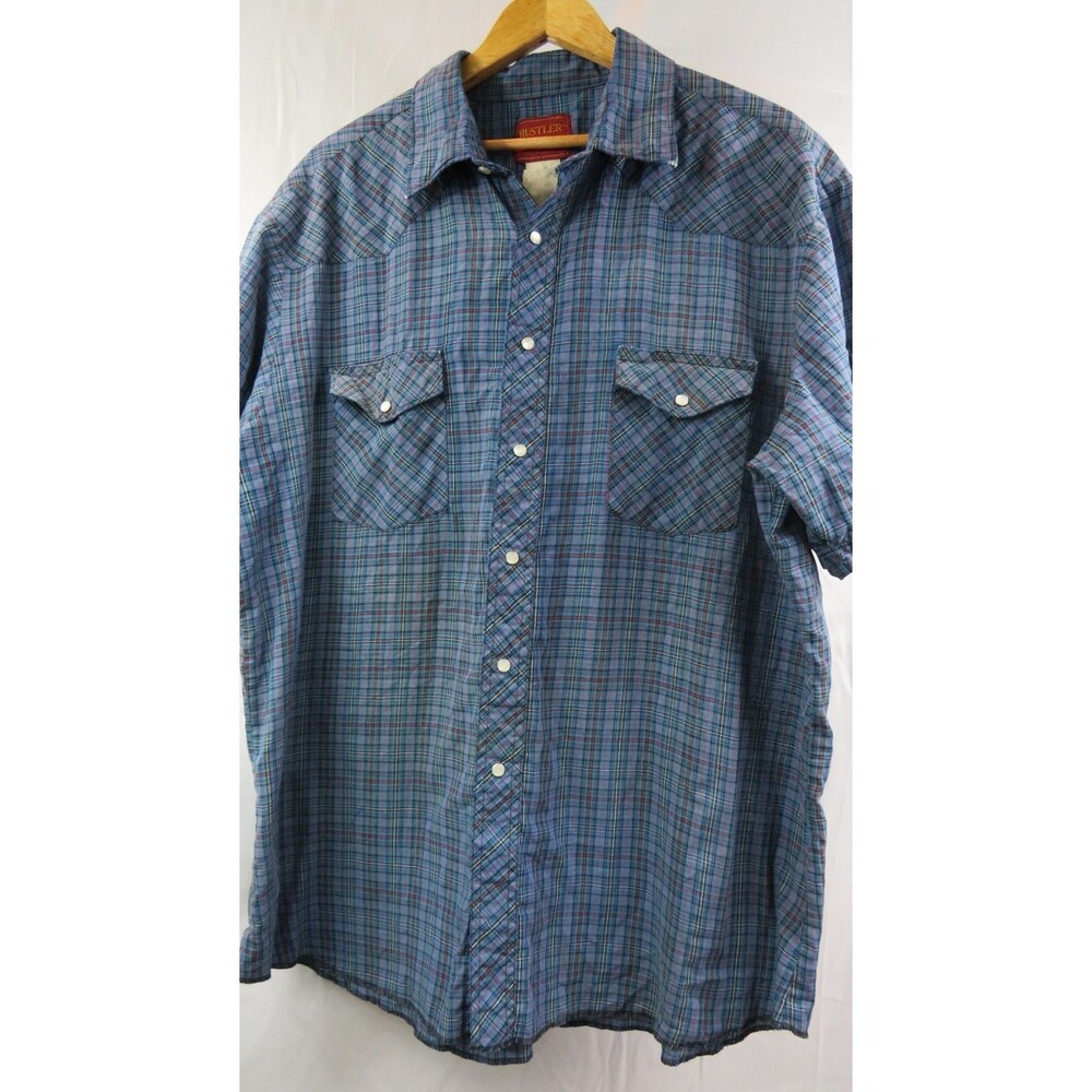 VTG Rustler Western Pearl Snap Shirt - Men's XL, Blue/Purple Plaid, XL Tails